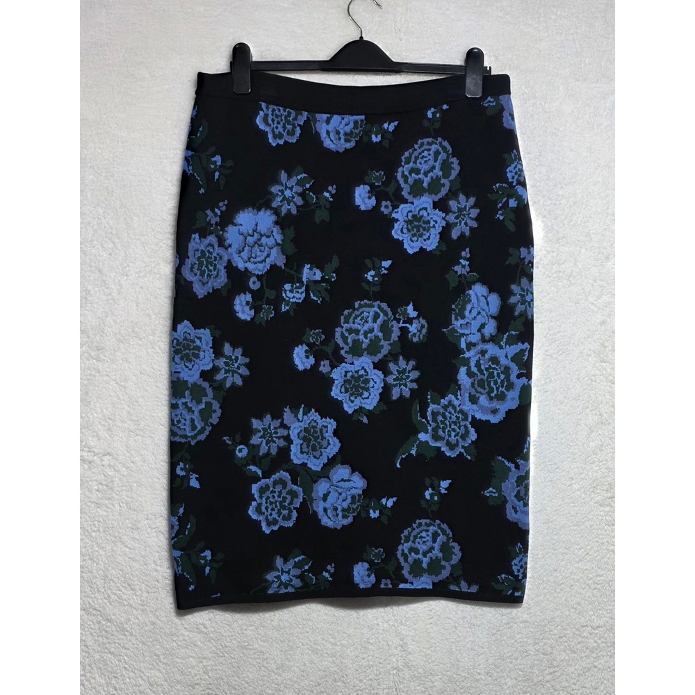 Ann Taylor Blue Floral Jacquard Knit Pencil Skirt Black Size L
